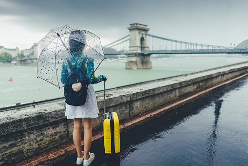 Rear view of young woman with umbrella and suitcase just arriving in Budapest